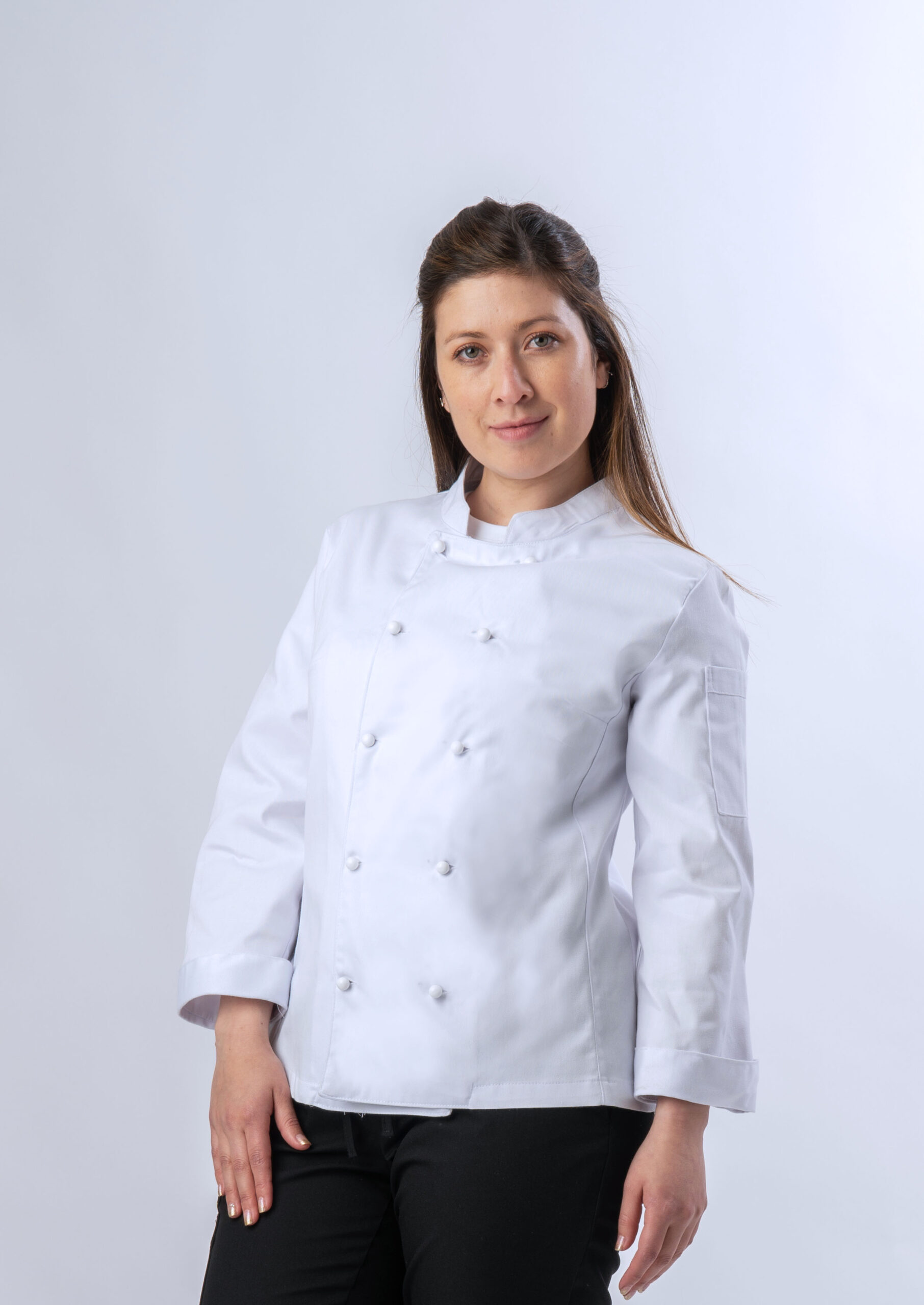 Destello Kosciuszko doble Chaqueta Chef Mujer con botón de seguridad – SABA